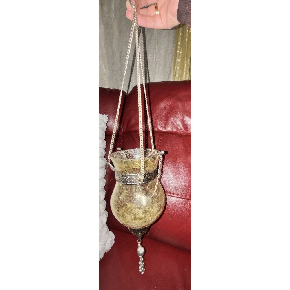 Vintage Morroccan Hanging Tea Light Lantern. Clear Glass Gold Luster. Preloved